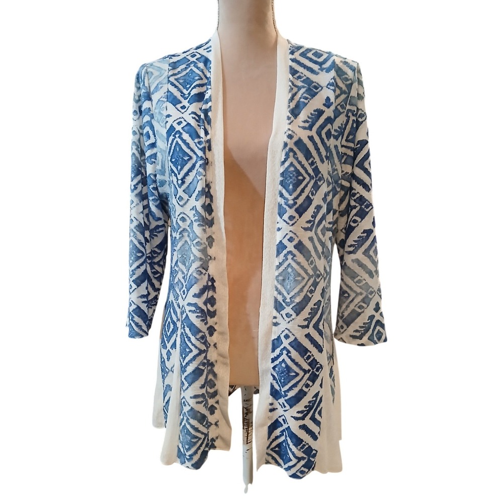 Chicos 2 Large Womens Blue White Geometric Ikat Diamond Burn Out Mesh Cardigan